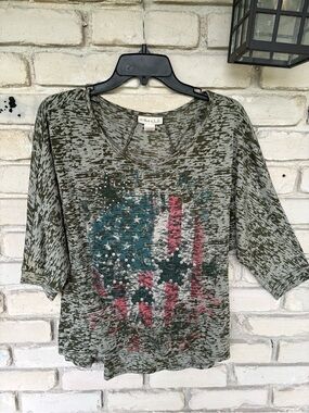 Belle Du Jour Olive Burnout Tee with Flag Graphic stud lined stars